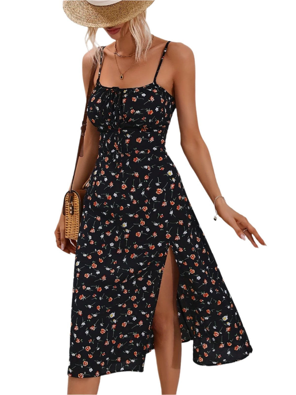 Spring/Summer New Vacation Style Dress, Women's Split Print Suspender Dress, Long Slimming Split Skirt