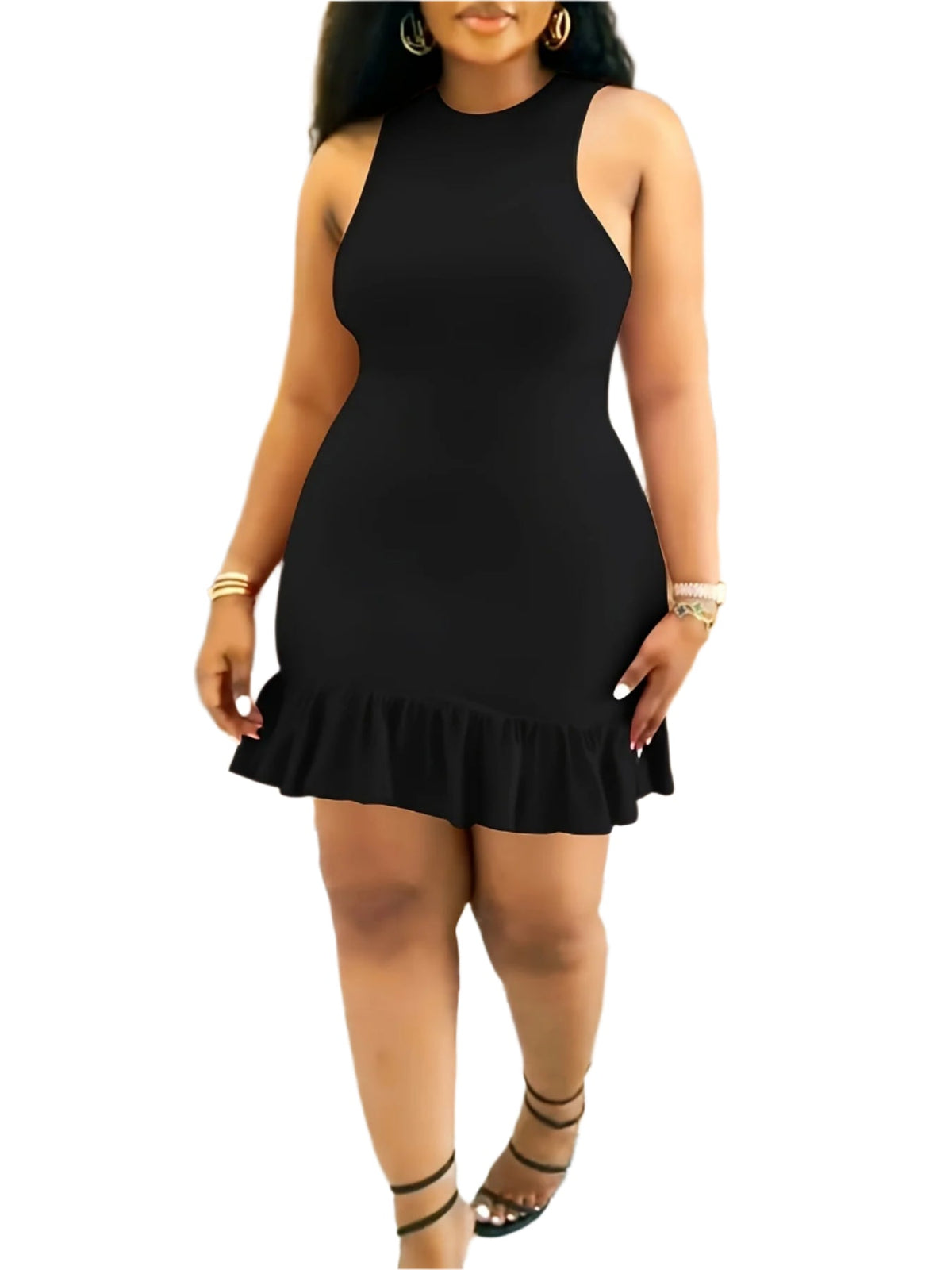 Ruffle Hem Crew Neck Slim Elegant Sleeveless Party Dress