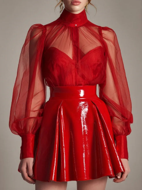 Sheer Mesh Puff Sleeve Blouse And Glossy Red Leather Mini Skirt Set