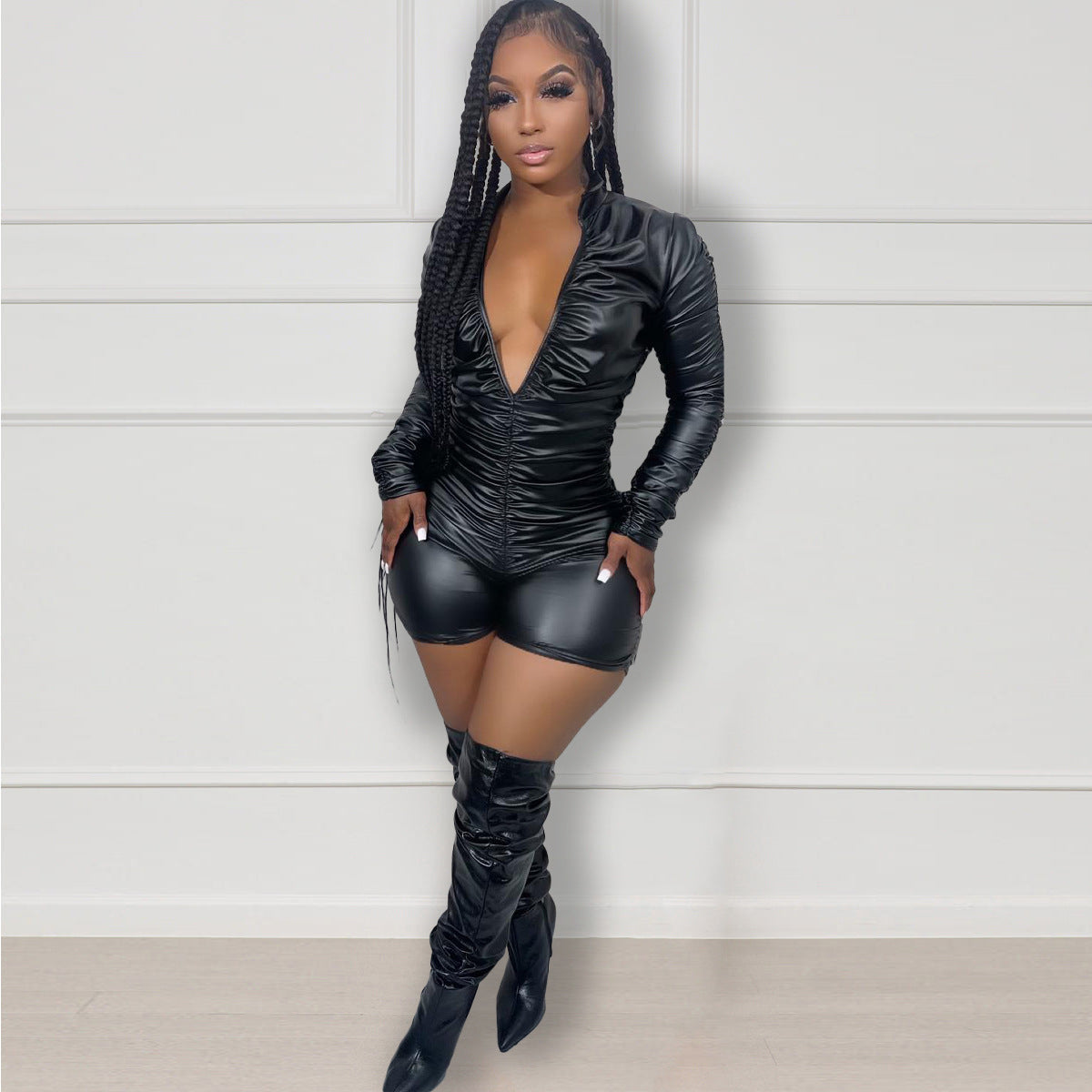 Fashion Pleated High-elasticity Leather Jumpsuit