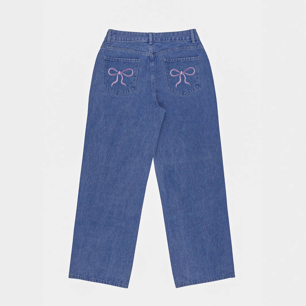 Bow-knot Embroidered Trendy Loose-fit Casual Jeans