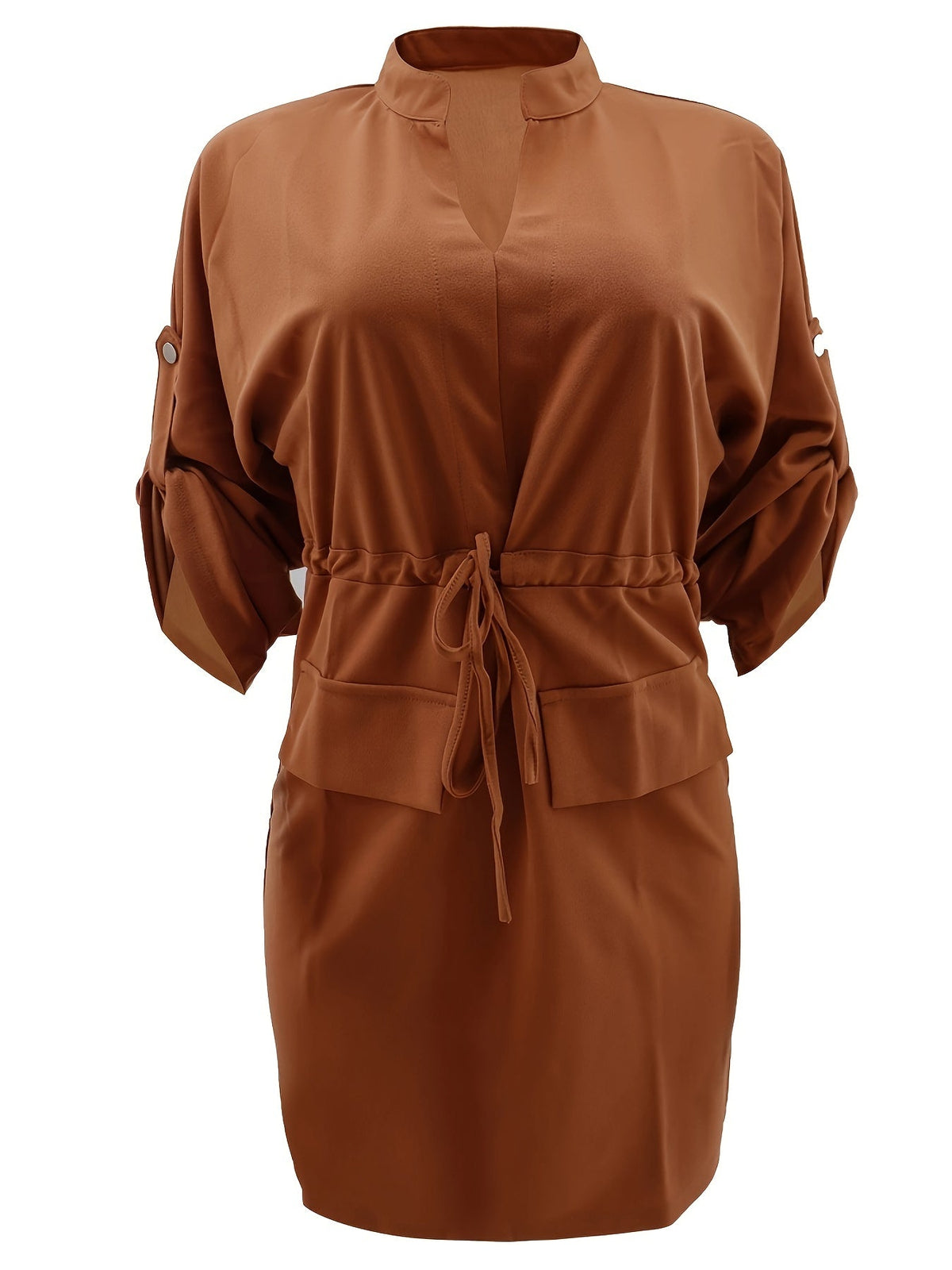 Casual Solid Drawstring Waist V Neck Rollable Sleeve Dress, Women's Clothing