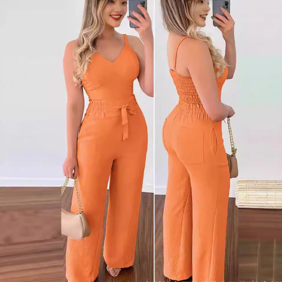 Women's Solid Color Slim Elastic Pleated Two-Piece Suit Sexy Spaghetti Strap V-neck Backless Vest High Waist Wide Leg Pants Suit