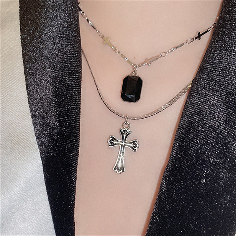 Dark Sweetheart Baroque Cross Pendant Layer Necklace