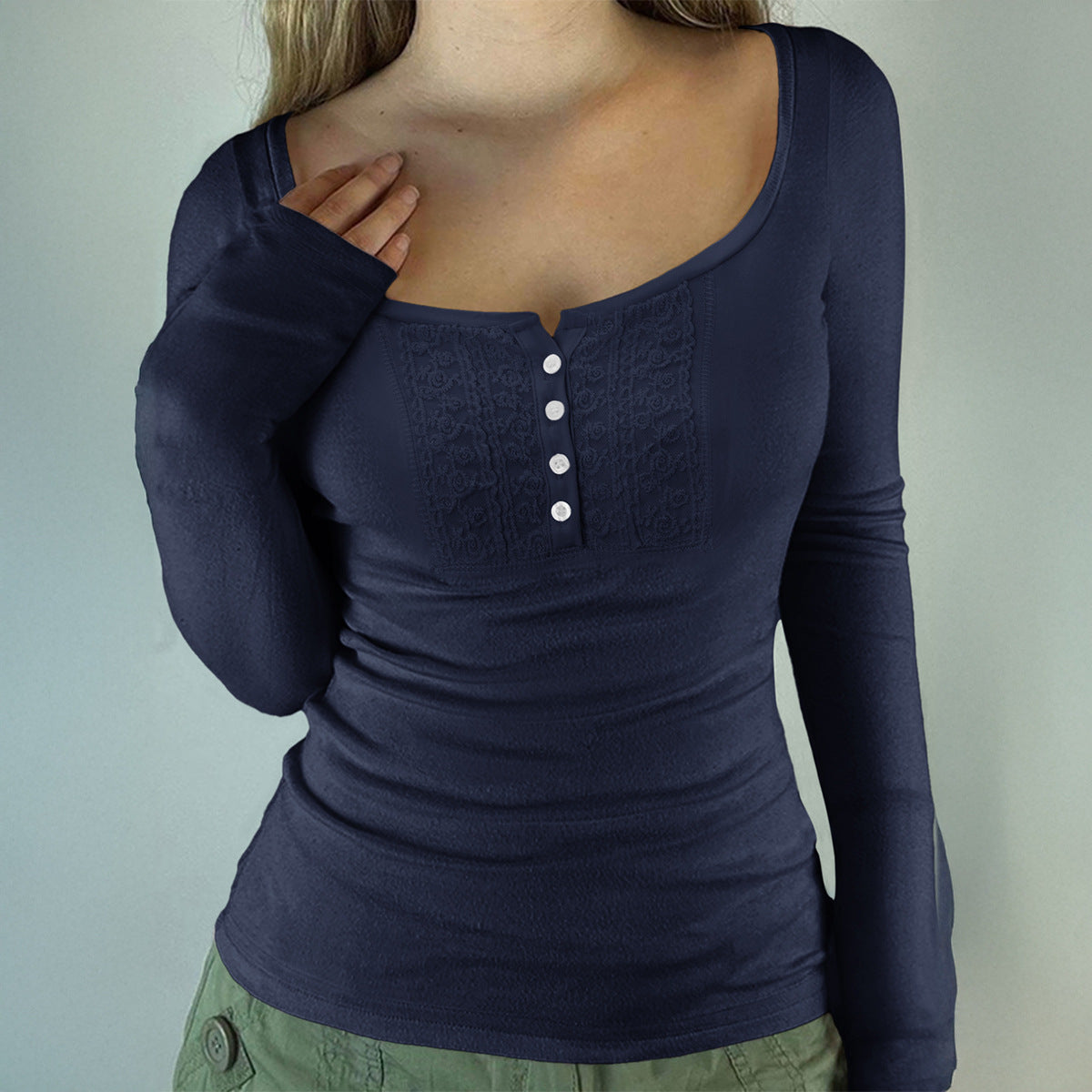 Versatile Button-down Long-sleeve Base T-shirt For Women