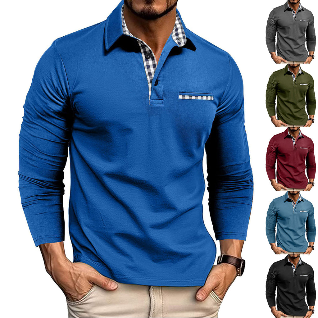 Casual Plaid Splicing Lapel Polo Shirt Fashion Solid Color Long Sleeve Top Men's Clothing