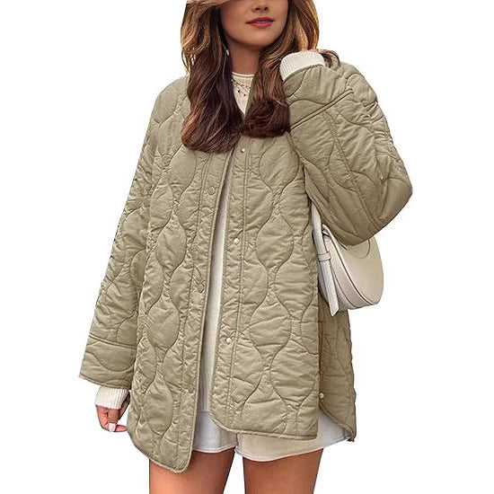 European And American Style Chic String Decoration Simple Solid Color Round Neck Loose Cotton Coat
