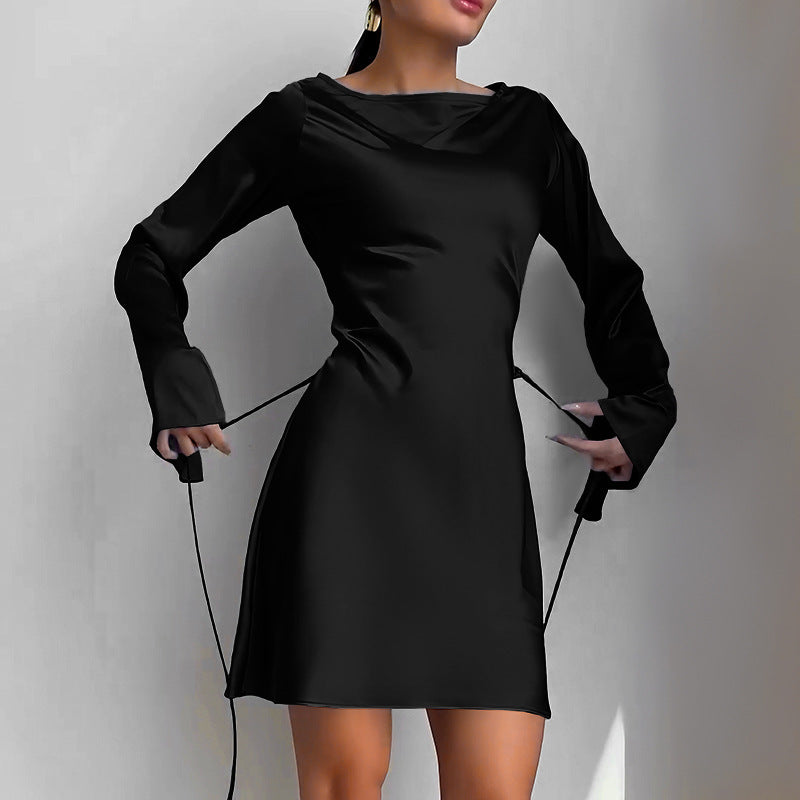 Waist Trimming Lace Up Satin Dress Women's Bag Hip Skirt