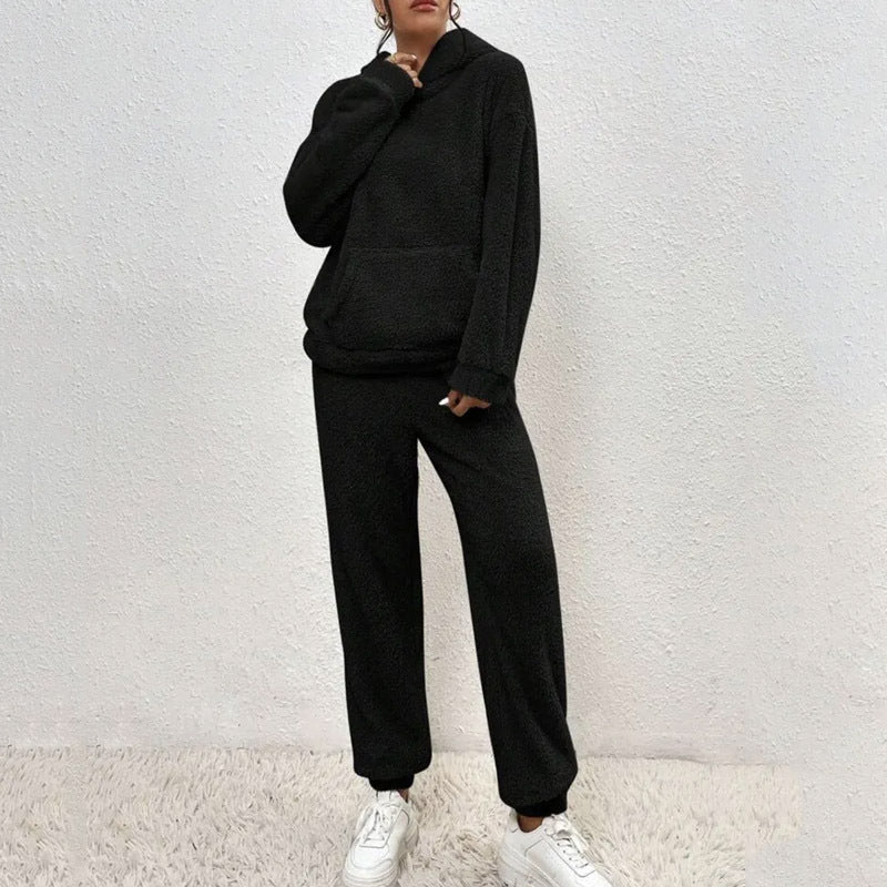 Winter Plush Pajama Set Fashion Casual Hooded Top And Elastic Band Pants Warm Sofa Carpet Home Clothes Women's Trousers Set Clothing
