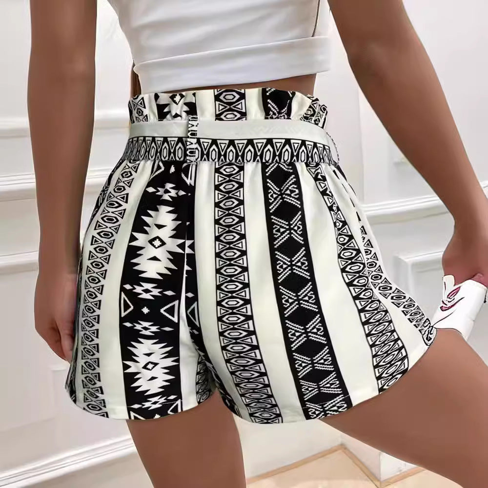 Belt Printed Casual Shorts For Commuter Women