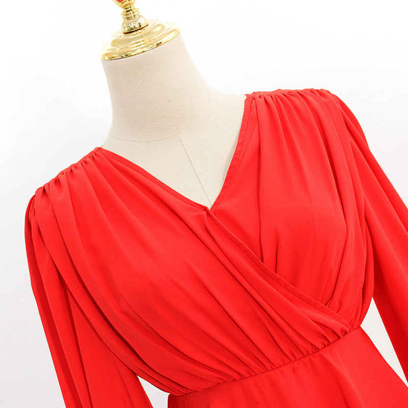 Fashion V-neck High Waist Mid-length Dress Lady Style Skirt