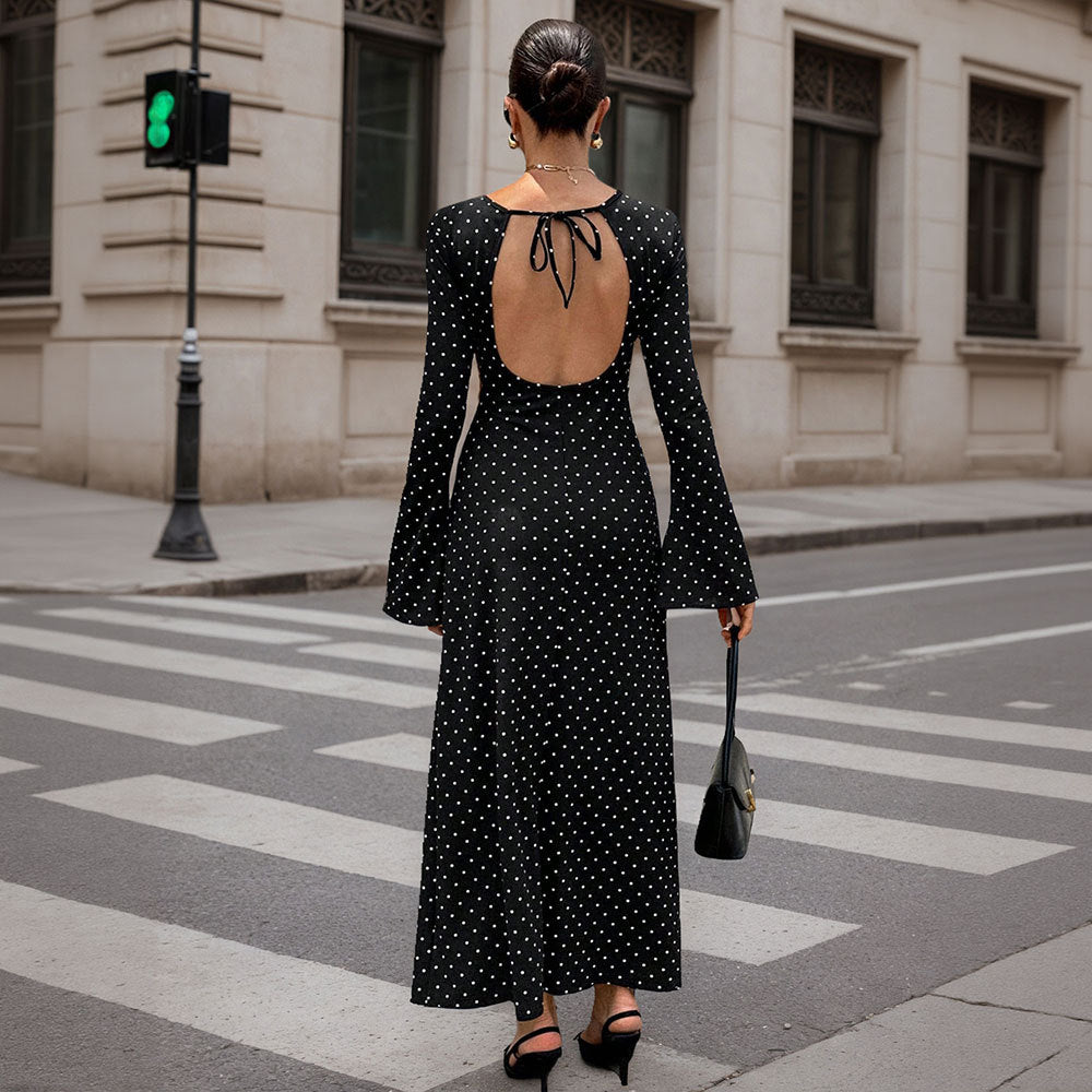Socialite-style Black Polka-dot Dress For Women Autumnwinter Long-sleeve Ultra-low Back Figure-hugging With Tie-back Detail And Maxi Length