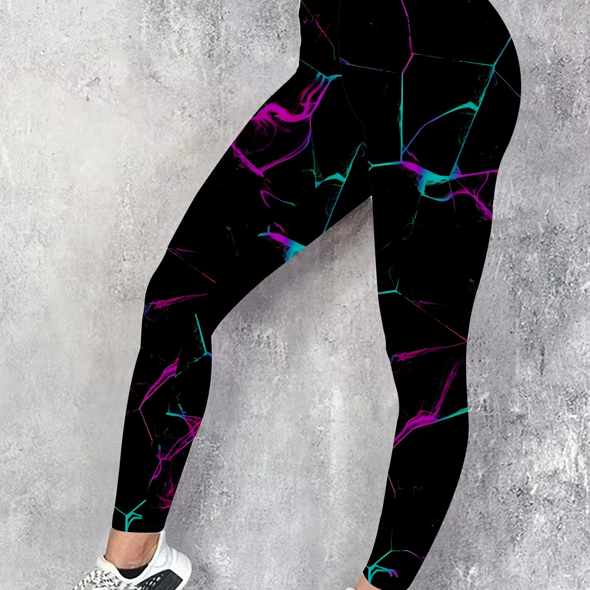 Women's Plus Size High-Waisted Floral Print Leggings - Stretchy, Casual, Machine Washable, Black with Vibrant Purple & Teal Accents, All-Season Comfort Fit, High Waisted Leggings