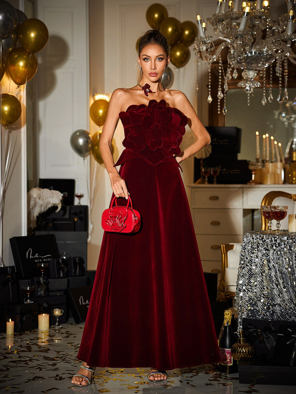Cairn Strapless Flower Velvet Maxi Dress