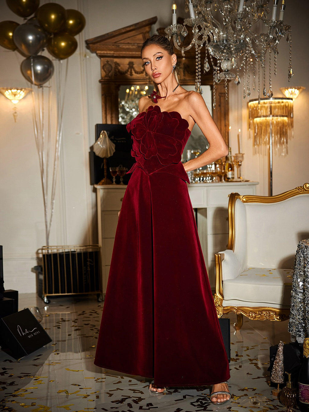 Cairn Strapless Flower Velvet Maxi Dress