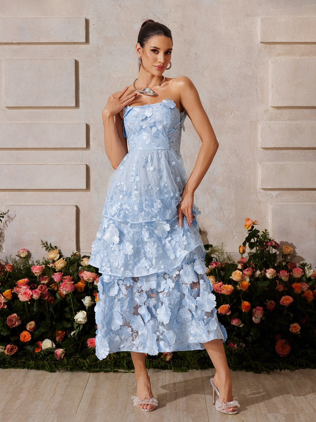 Camo Strapless Flower Embroidered Midi Dress In Blue