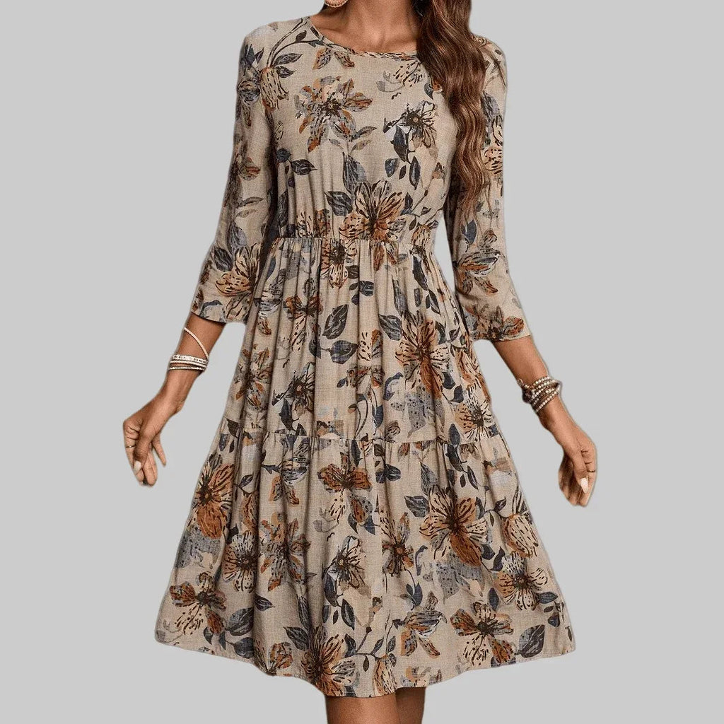 Casual Summer Dress for Women - Floral Printed A-Line Mid-Length Cotton Linen Dress