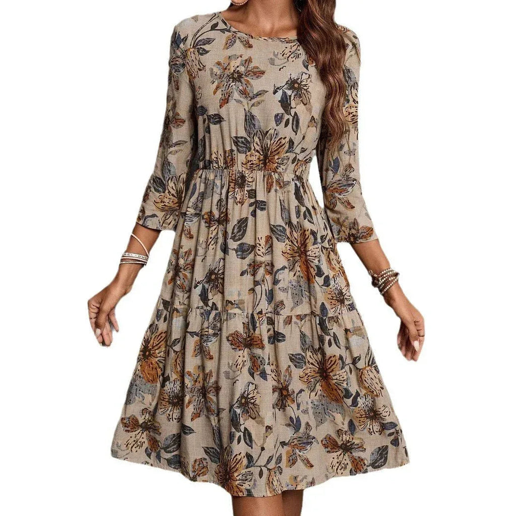Casual Summer Dress for Women - Floral Printed A-Line Mid-Length Cotton Linen Dress