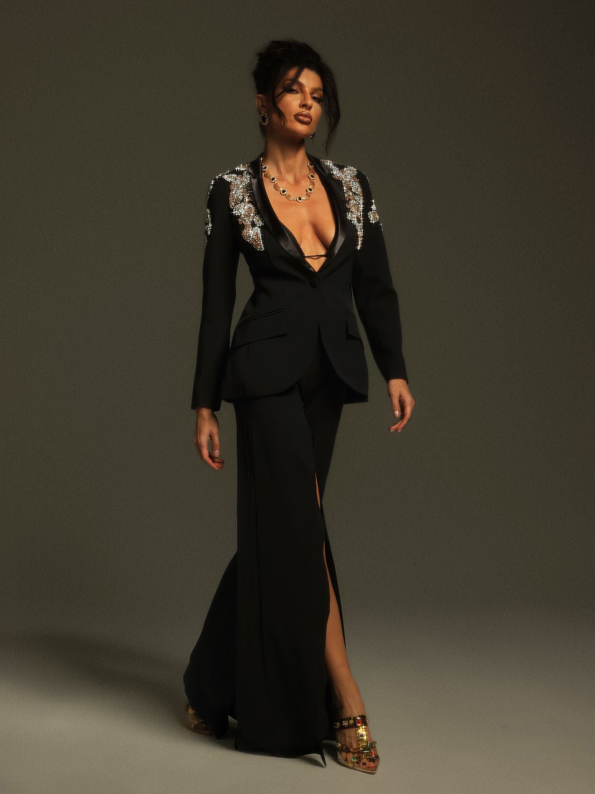 Cathia Rhinestone Split Blazer Set