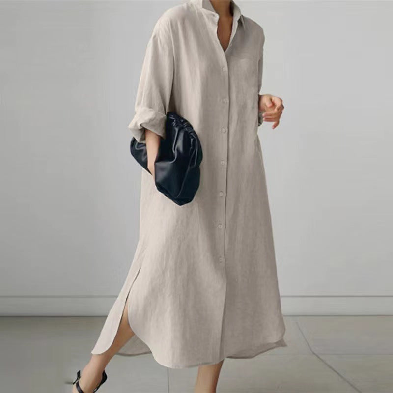 Women's Slit Shirt Dress Solid Color Long-sleeved Cardigan Irregular Long Dress