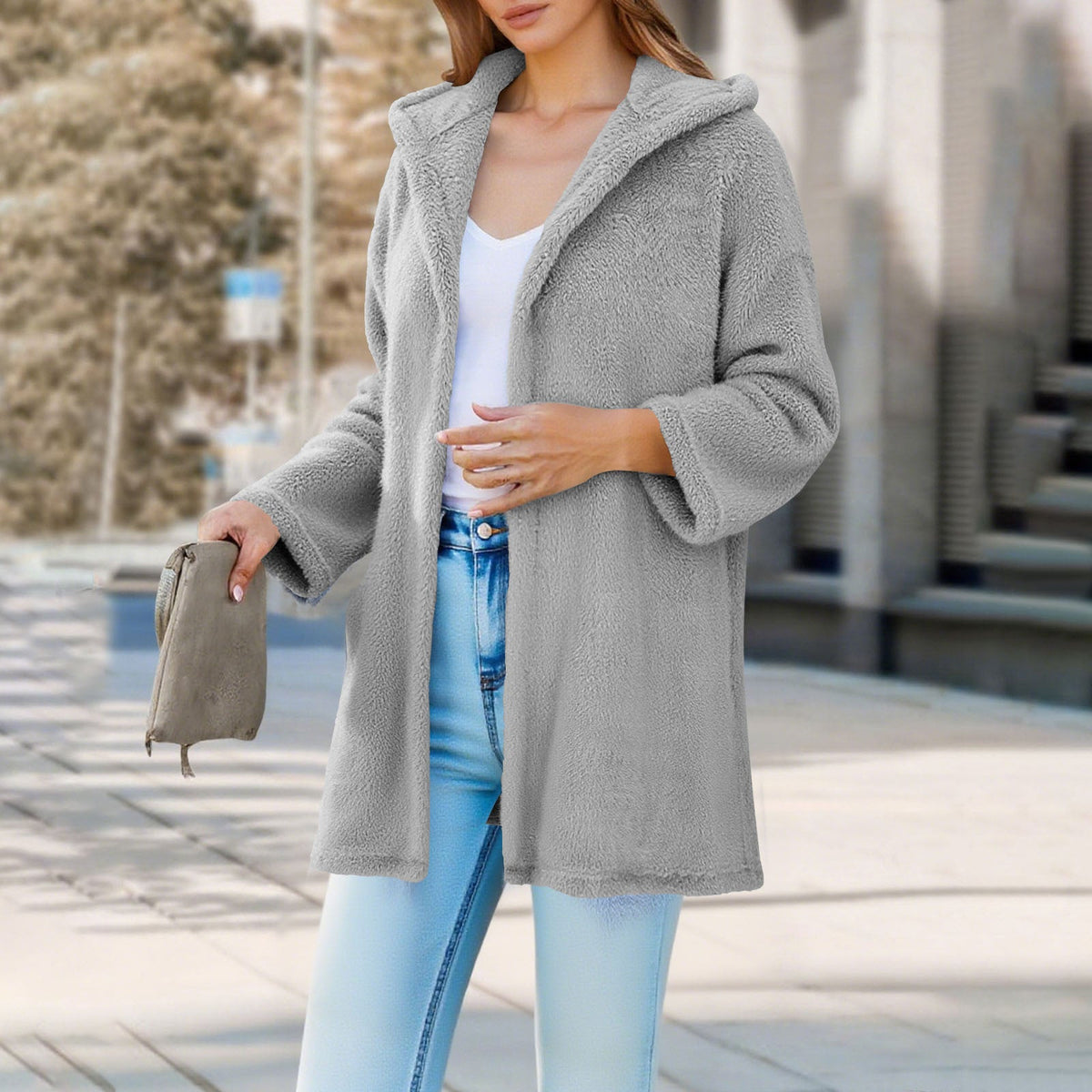 Pine Plush Hooded Cardigan Mid-length Coat Women