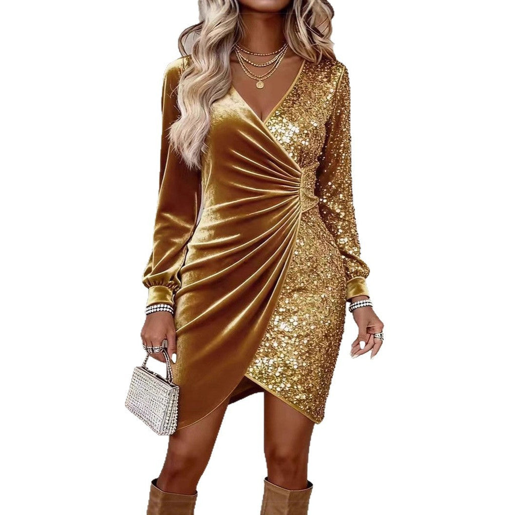 Fashionable V-neck Sequin Velvet Bodycon Dress