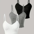 3pcs Elegant Solid Color Women's Cami Tops - Ribbed V-Neck, Sleeveless Spaghetti Strap Stretchy Top