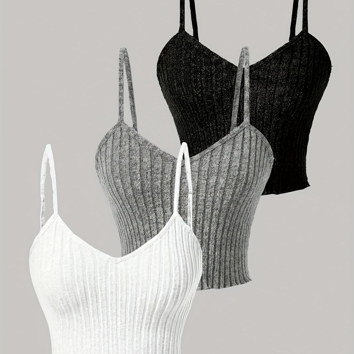 3pcs Elegant Solid Color Women's Cami Tops - Ribbed V-Neck, Sleeveless Spaghetti Strap Stretchy Top