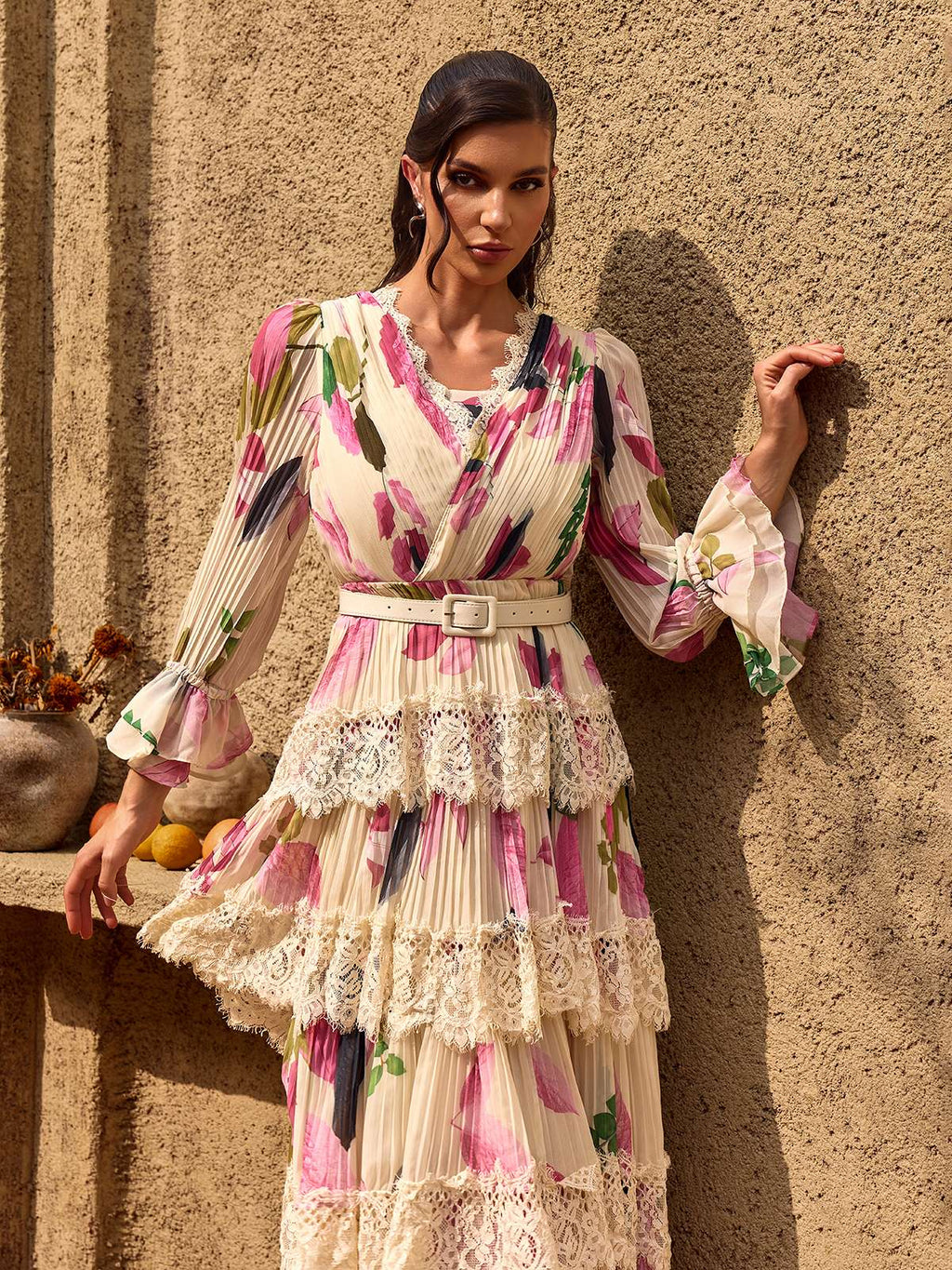 Charleen V Neck Floral Lace Tiered Maxi Dress
