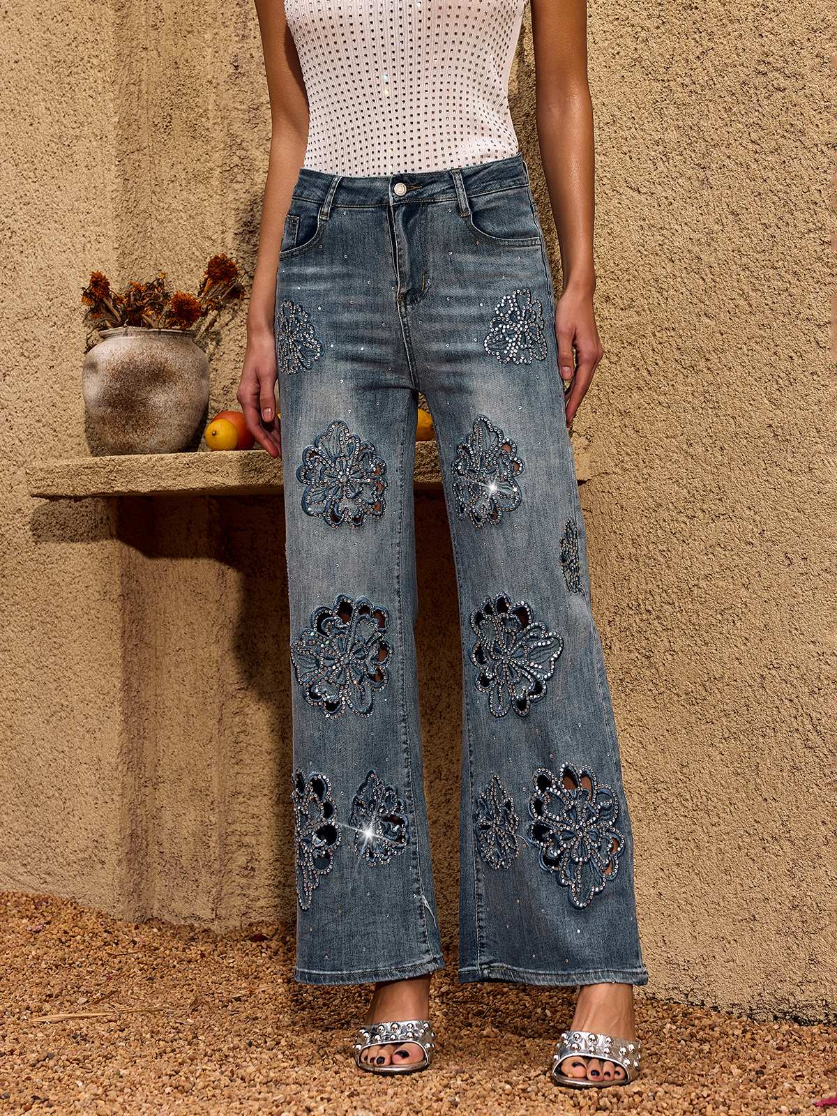 Cheta Flower Rhinestone Straight Jeans