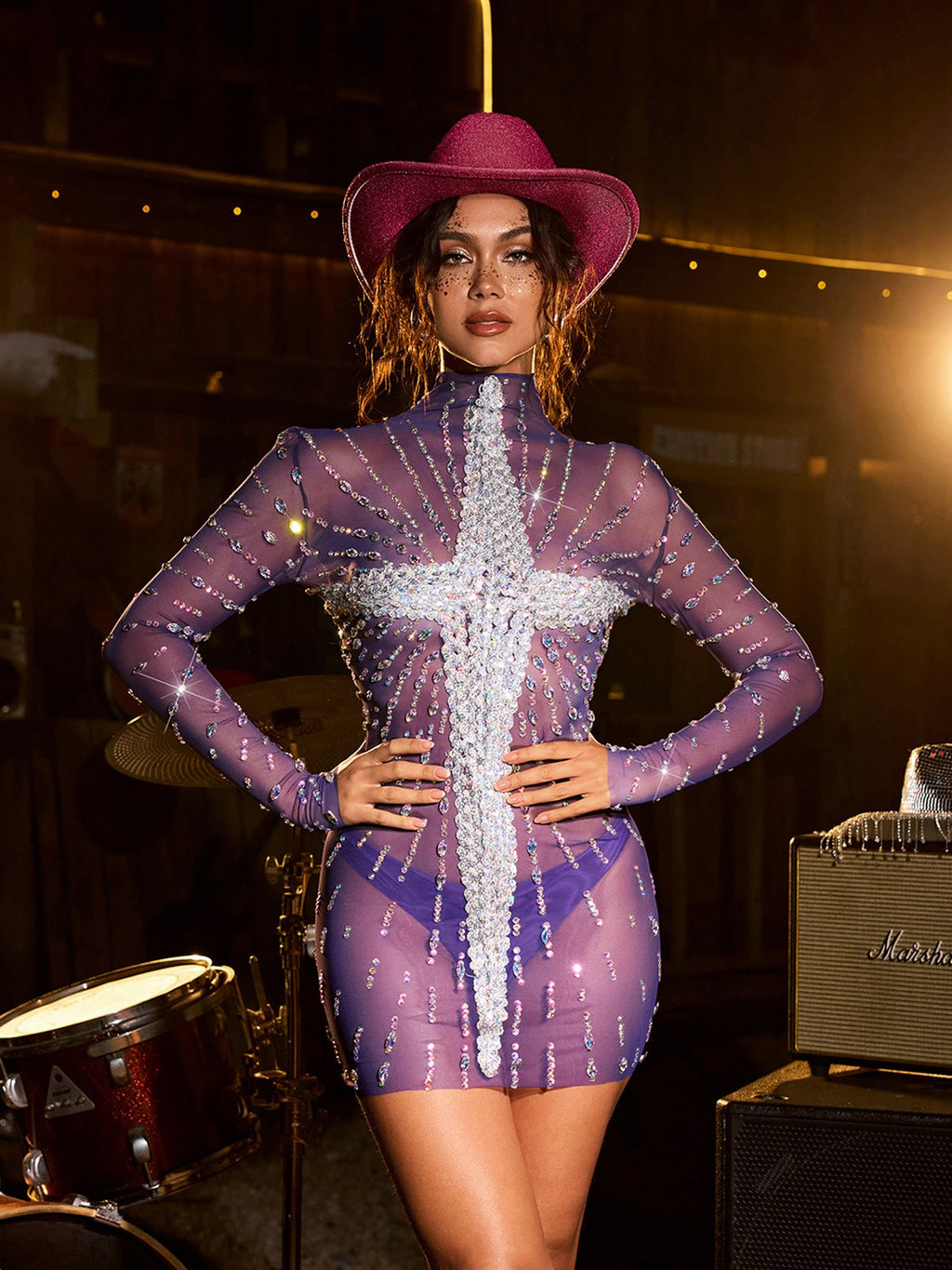 Claret Long Sleeve Diamond Mesh Mini Dress