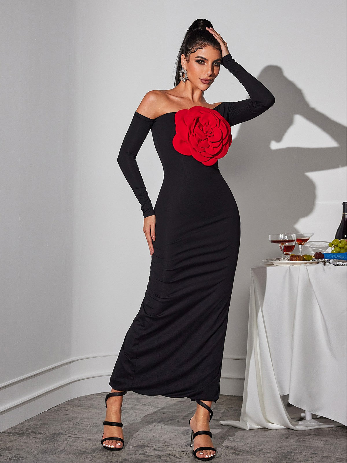Claus Off Shoulder Red Flower Maxi Dress