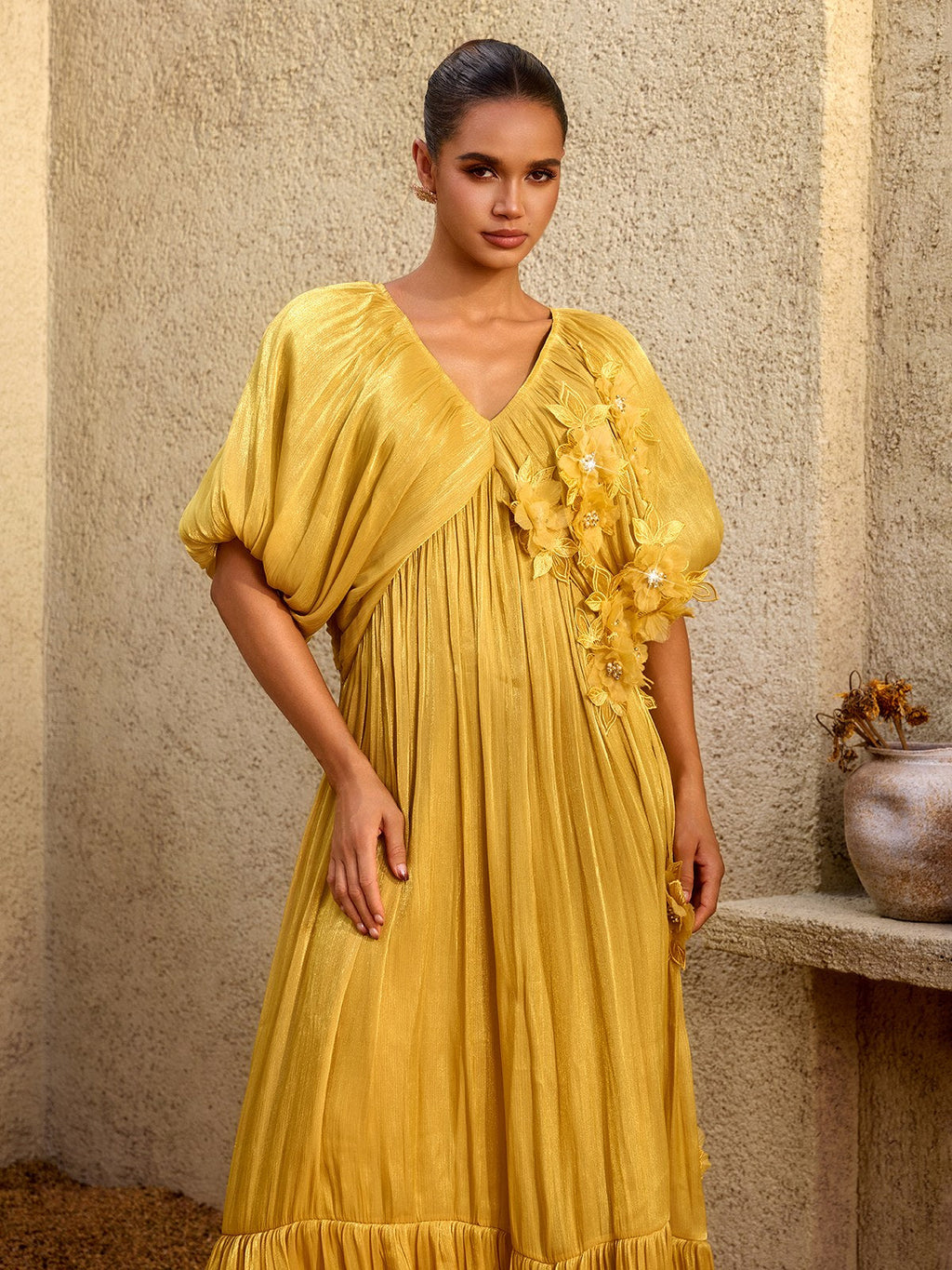 Corthiel Puff Sleeve Flower Ruched Maxi Dress