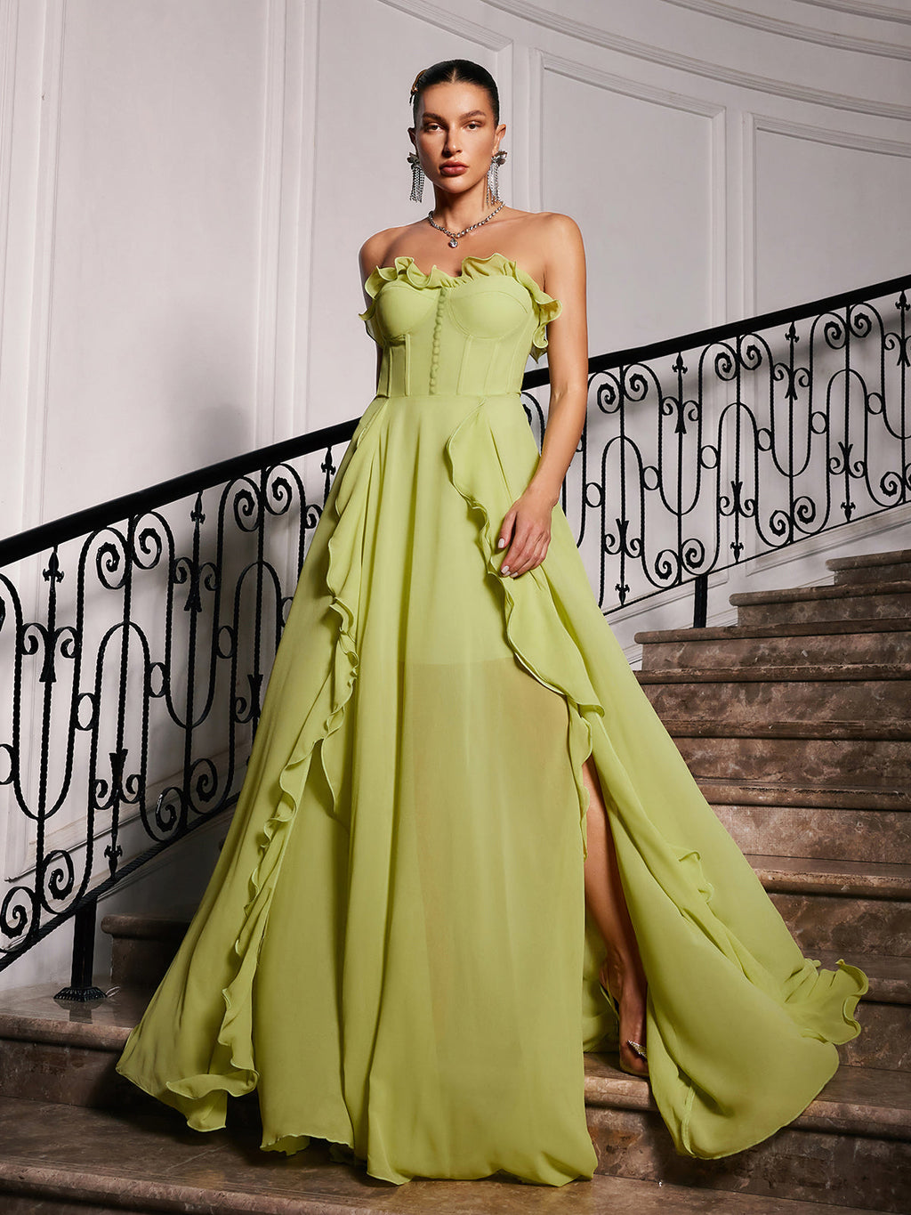 Craven Strapless Ruched Mesh Maxi Dress