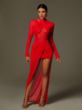 Cypress Draped Split Mesh Maxi Dress In Red