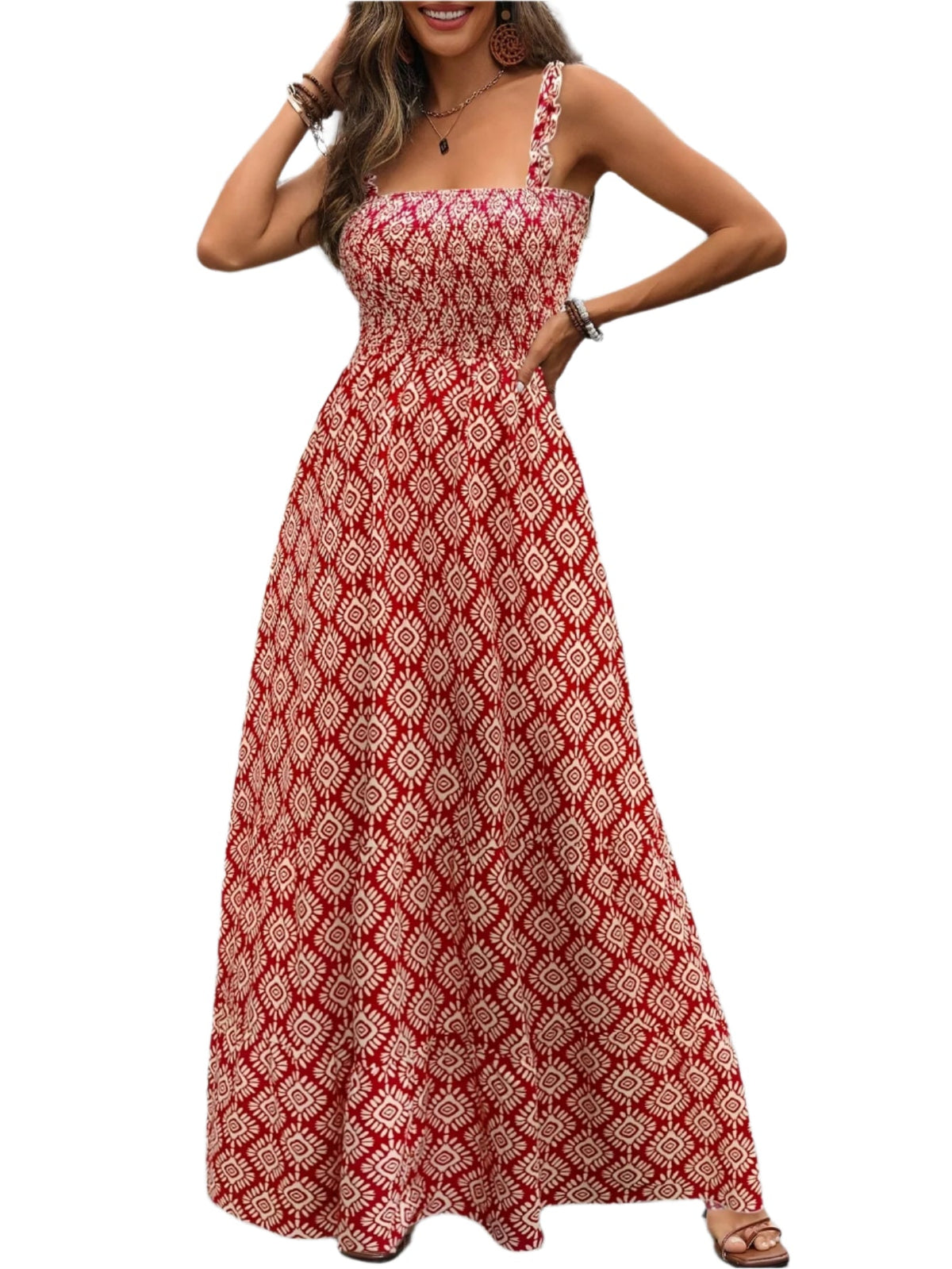Women's Summer Vacation Floral Print Sleeveless Maxi Dress with Ruffled Detail - Casual Polyester Sundress, Machine Washable, Summer Dresses