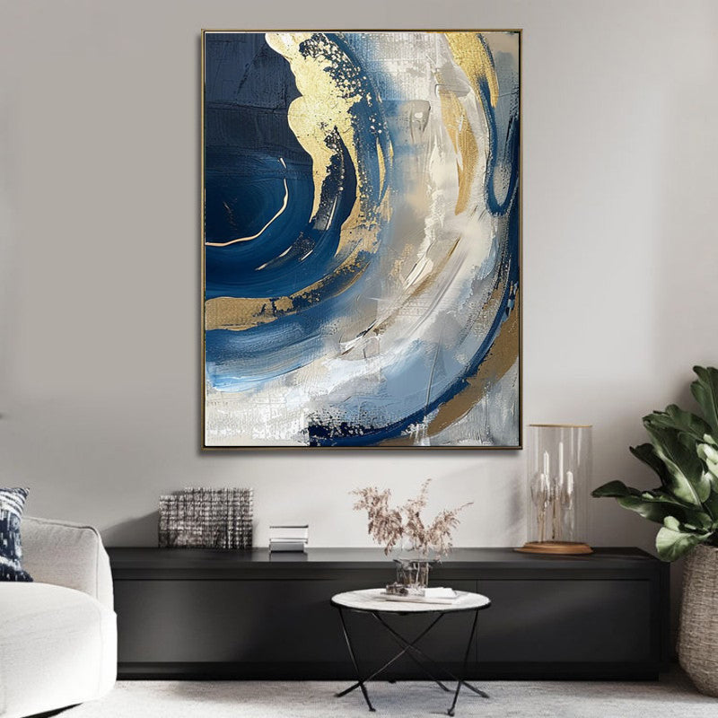 Luxury Handmade Abstract Oil Painting Wall Art Modern Golden Blue Minimalist Texture Canvas Mural For Living Room Decor Frameless
