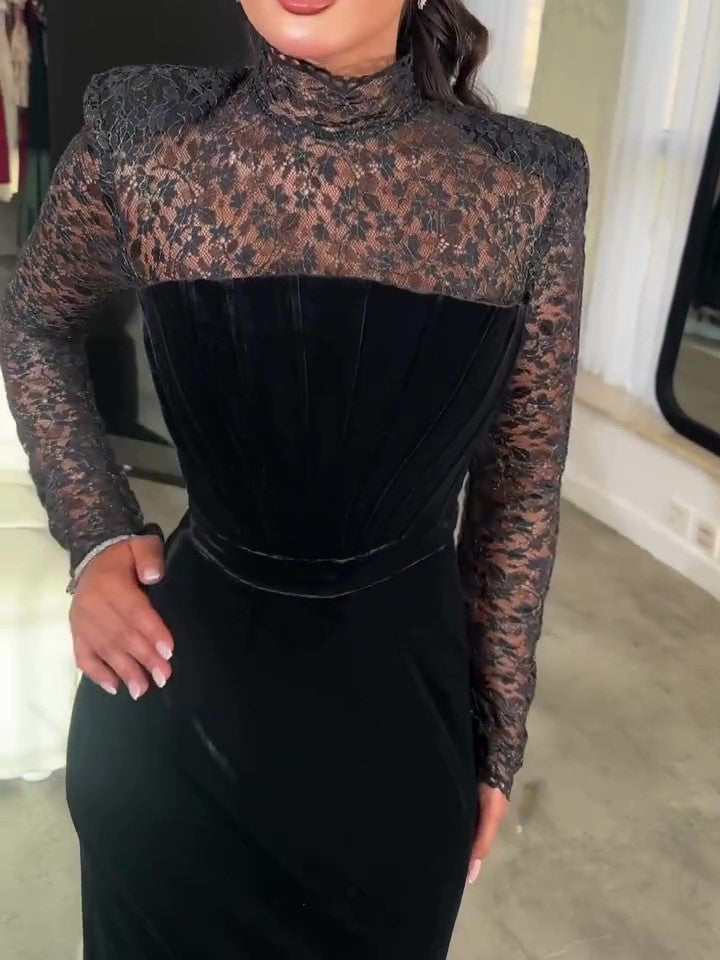 Black Long Sleeve Lace Velvet Bodycon Dress Two Piece Set