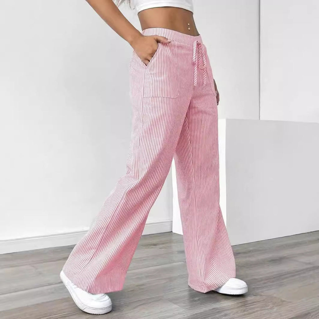 New Striped Trousers With Pockets Casual Versatile Loose Wide Leg Pants Women's Clothing