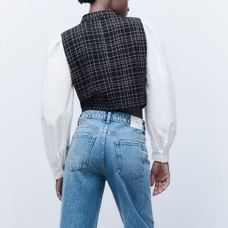 Women's Black And White Long Sleeved Patchwork Shirt