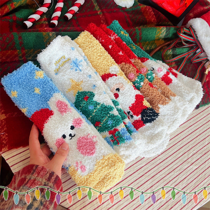 Christmas Lint-free Cute Coral Fleece Thermal Middle Tube Women's Socks