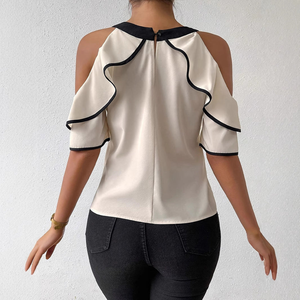 Elegant Double-layer Short-sleeve Shirt With A Bow-tie Neckline