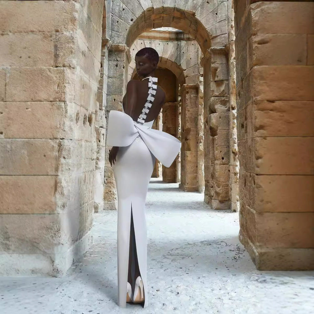 Sexy Round Neck Backless Bow White Bandage One-piece Dress