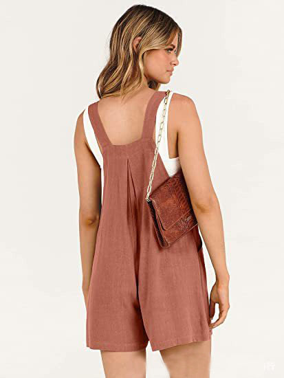 Women's Cotton Linen Short Overalls - Adjustable Strap Summer Jumpsuit Romper