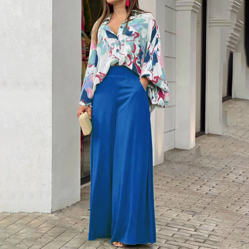Loose And Elegant Casual Printed Shirt Top Wide Leg Pants Fashion Suit