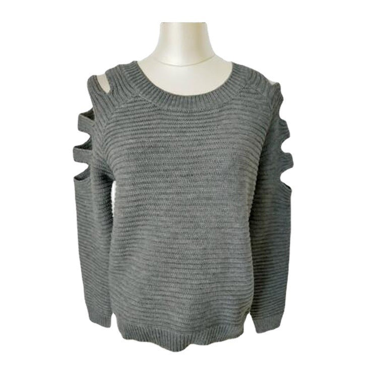 Women's Solid Color Round Neck Hollow-out Long-sleeved Knitted Bottoming Shirt