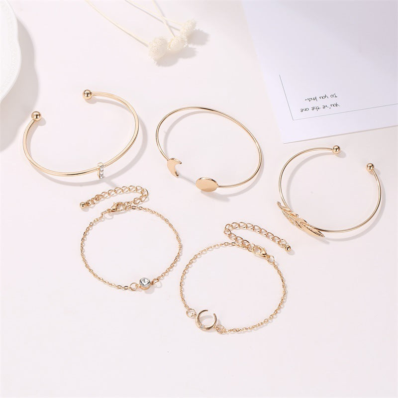 Five-Piece Punk Moon Leaf Crystal Protein Bracelet Set