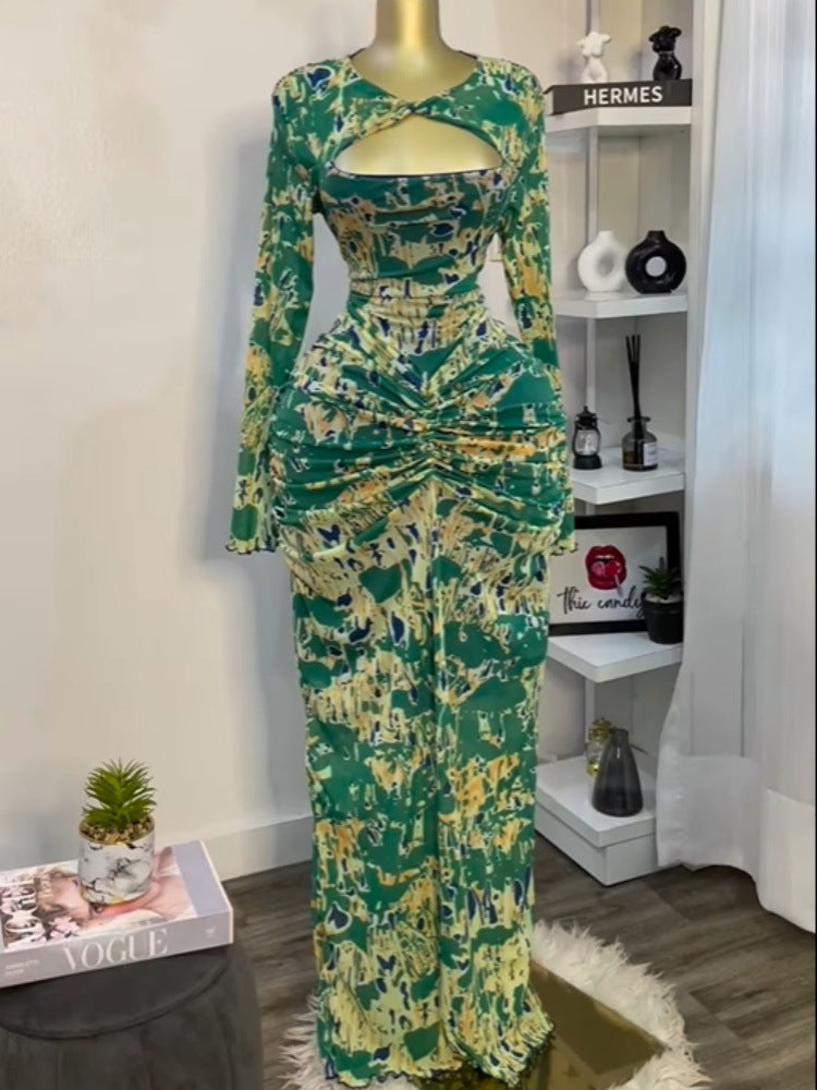 Printed Long Sleeve Hollow-out Pleated High Waist Sexy Vacation Dress Long Dress