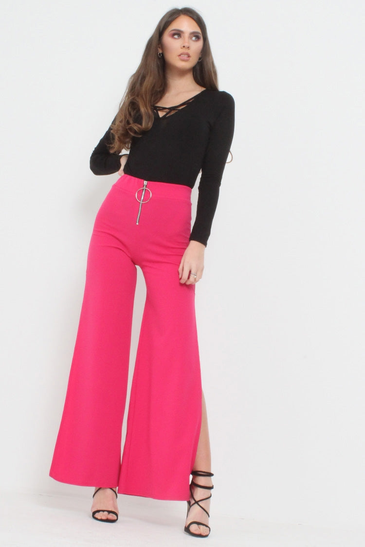 Side Split Zip Front Wide Leg Trousers