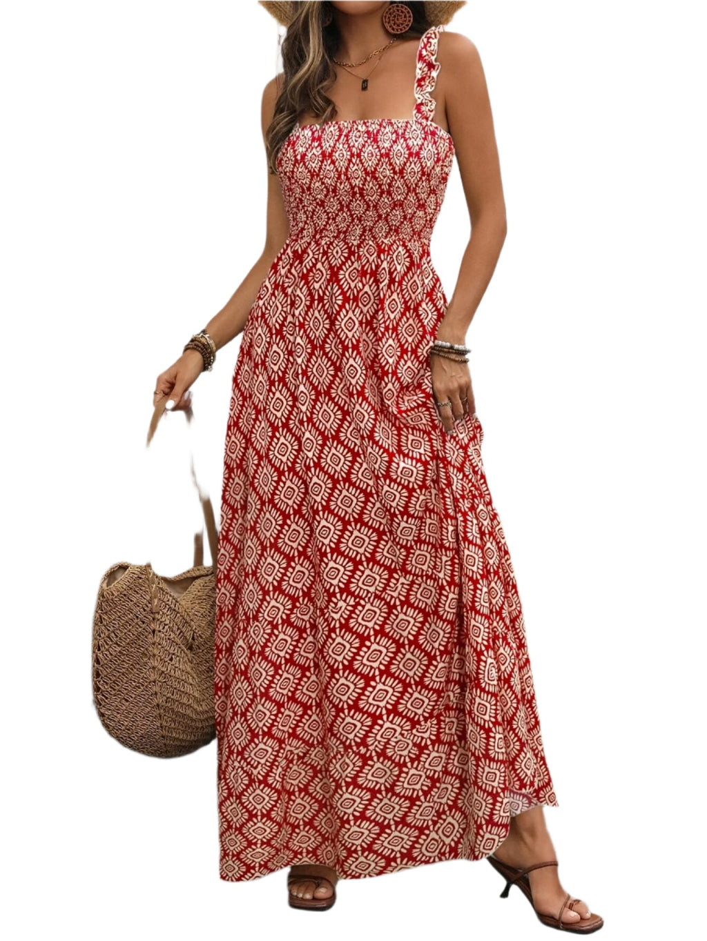 Women's Summer Vacation Floral Print Sleeveless Maxi Dress with Ruffled Detail - Casual Polyester Sundress, Machine Washable, Summer Dresses